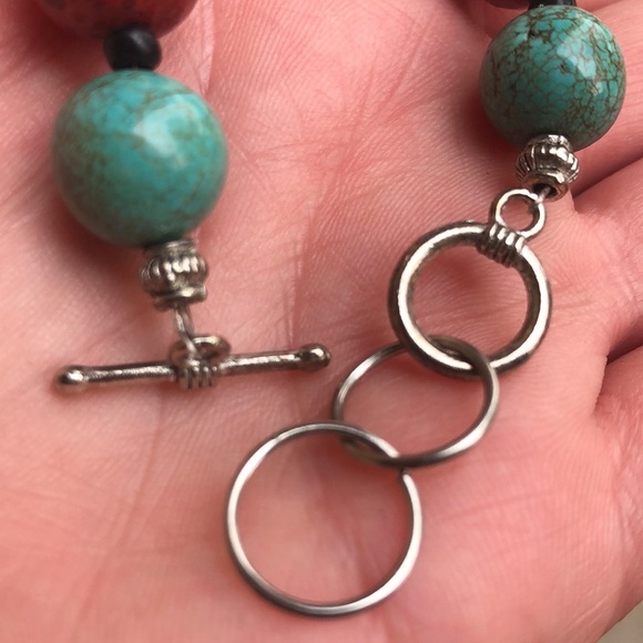 Sterling Silver Red Coral And Stabilized Turquoise Bead Toggle Bracelet - Picture 5 of 7